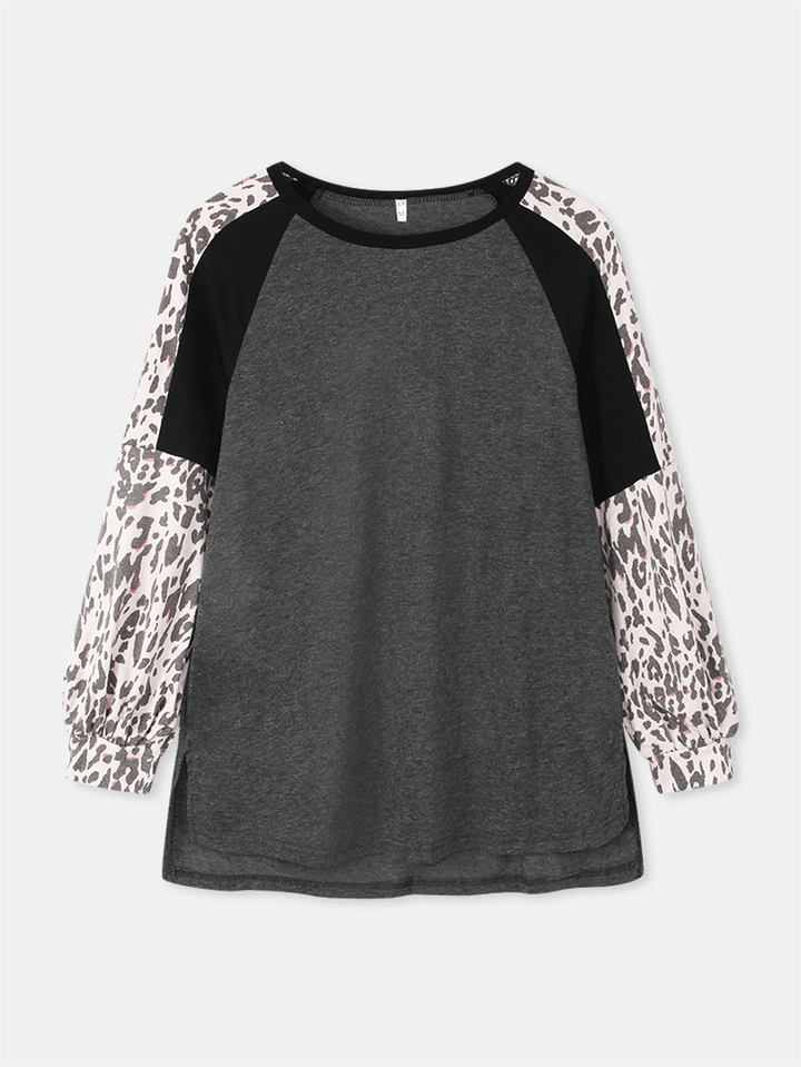 Women Leopard Raglan Sleeve Patchwork O-Neck Casual Loose T-Shirt