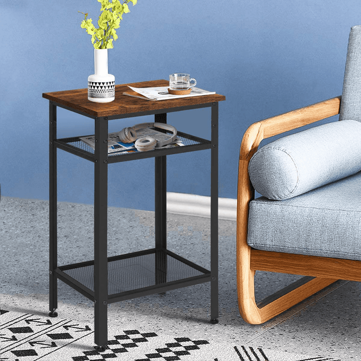 Nightstand End Table Sturdy Matte-Black Steel Frame Anti-Scratch and Rust-Free Tall Wood Accent End Tables for Bedroom Living Room