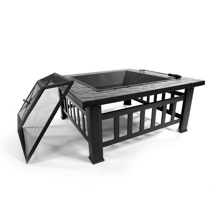 Outdoor Portable 32'' Metal Fire Pits Camping BBQ Square Table Backyard Patio Garden Stove Wood Burning Fireplace