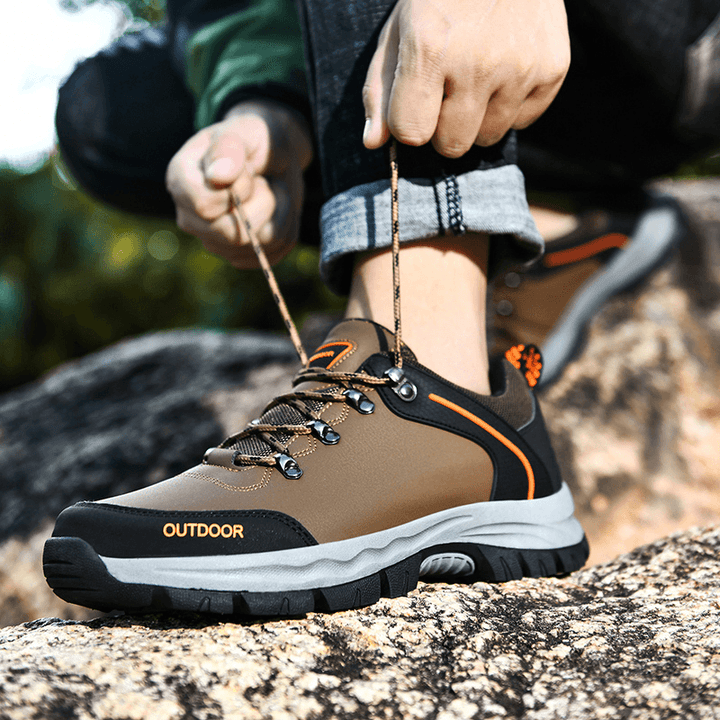 Men Leather Lace-Up Low-Top Soft Sole Comfy Non Slip Outdoor Climbing Casual Sport Hiking Shoes