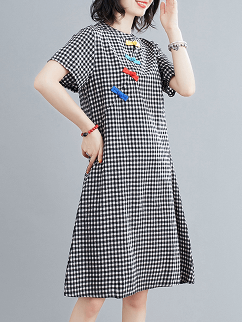 Short Sleeve Stand Collar Pleated Spliced Plaid Casual Dress for Women