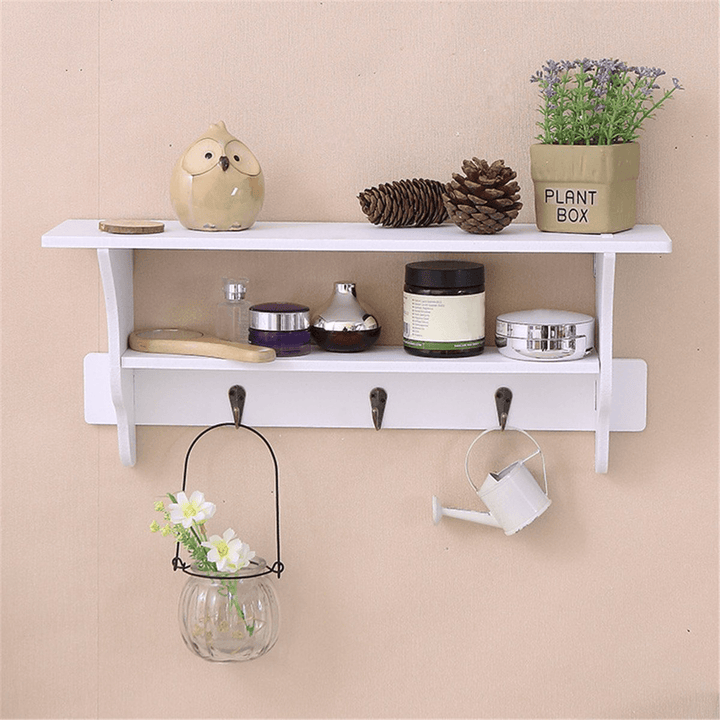 2 Tier Wall Mount Shelf Ornament Sundries Storage Holder Organizer Rack Hooks