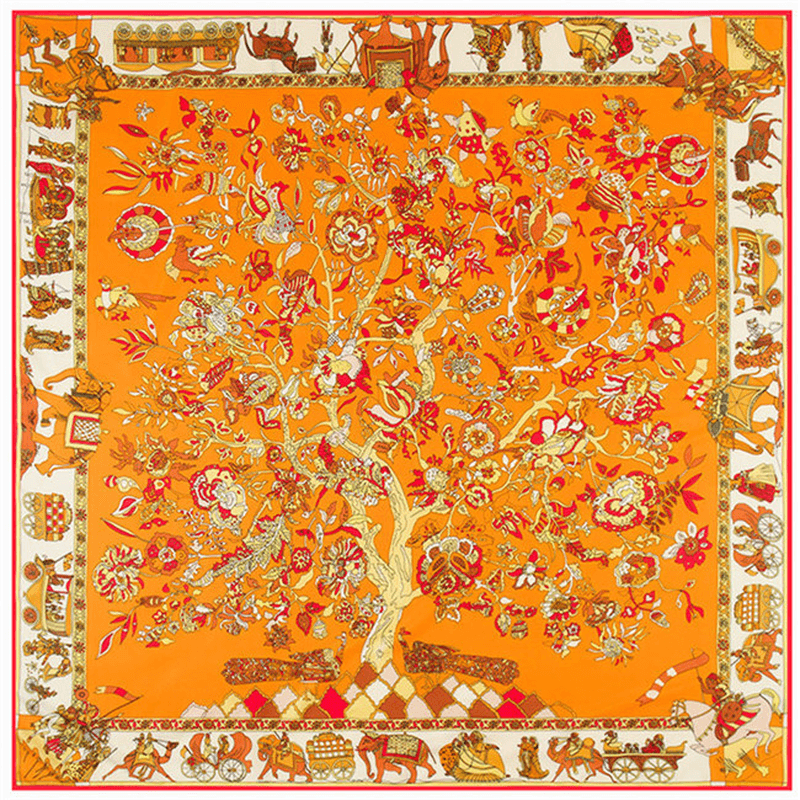 130Cm Fortune Tree Tree of Life Ethnic Flower Pattern Ladies Twill Scarf Travel Scarf