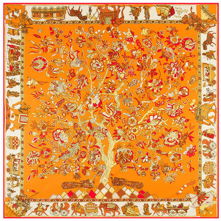 130Cm Fortune Tree Tree of Life Ethnic Flower Pattern Ladies Twill Scarf Travel Scarf