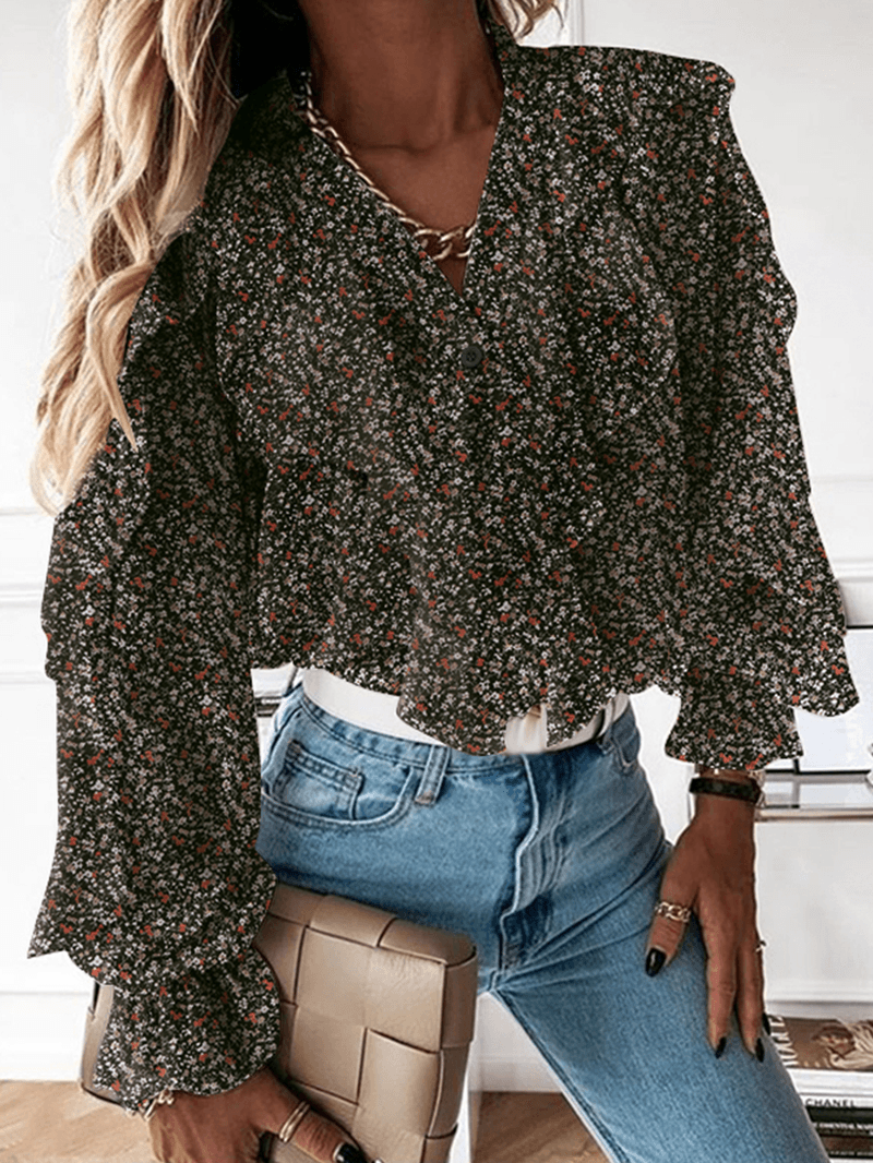 Ditsy Floral Print V-Neck Casual Flounce Sleeve Button Casual Blouses for Women