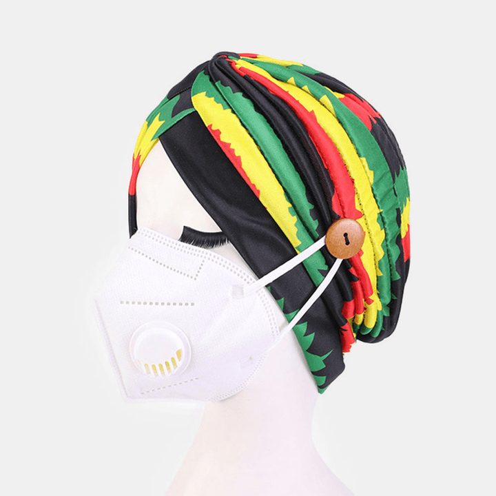 Printed Multi-Colored Beanie National Style Button Mountable Ears Prevent Strangulation