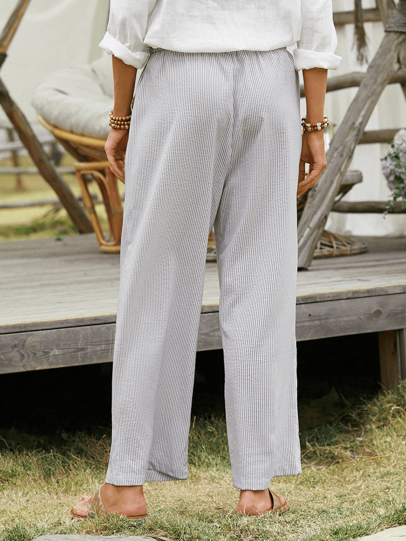 Striped Print Elastic Waist Pocket Wide Leg Casual Pants for Women