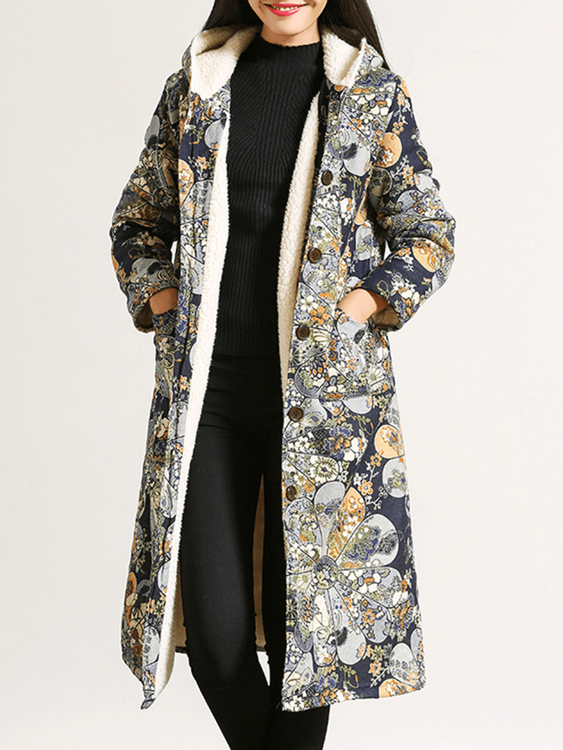 Floral Print Single Breasted Long Sleeve Hooded Coats for Women