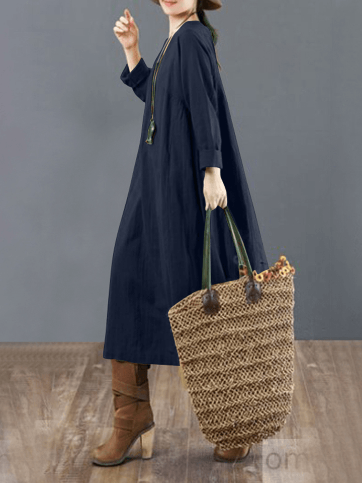 Women Cotton Solid Tie Back round Neck Long Sleeve Casual Midi Dresses