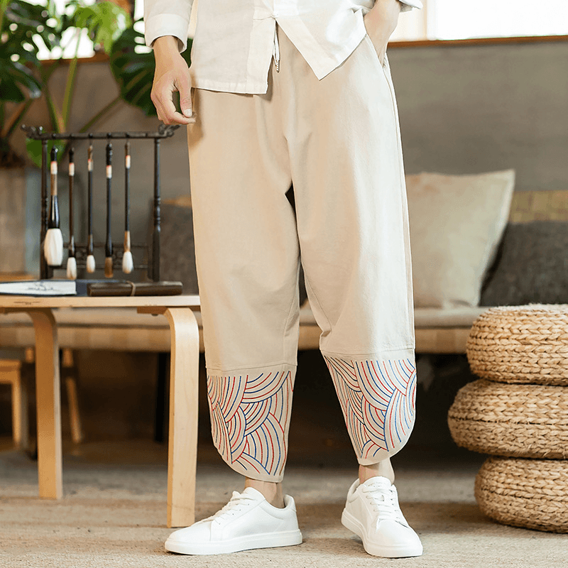 Linen Solid Color Mid-Waist Loose Fashion Straight-Leg Pants