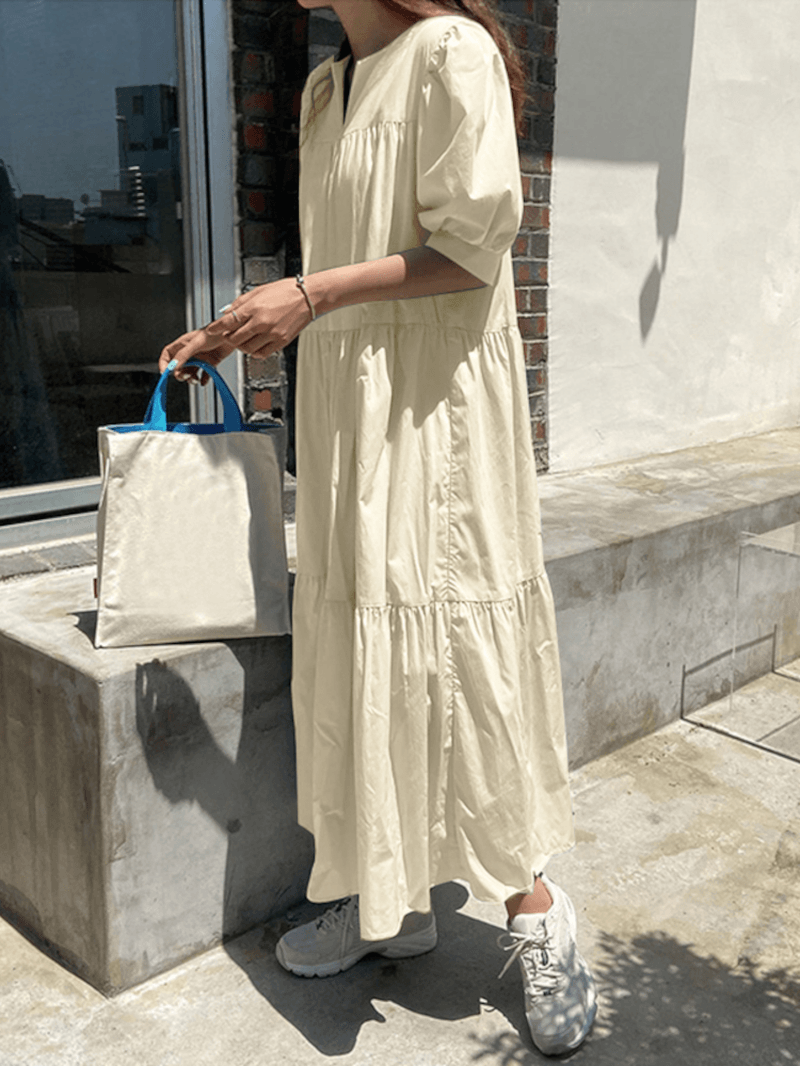 Pleated Tiered V-Neck Half Puff Sleeve Solid Color Casual Maxi Dresses for Women