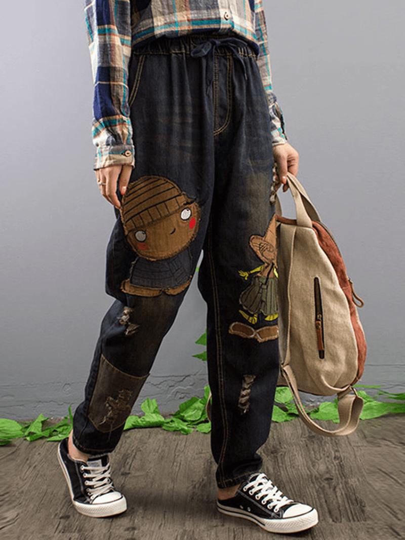 Embroidery Patchwork Elastic Waist Denim Jeans