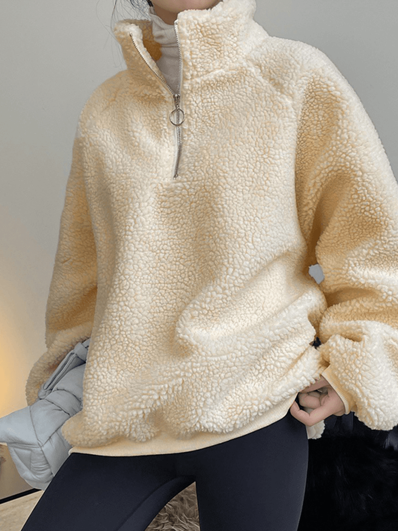 Women Fleece Casual Loose Solid Zipper Stand Collar Long Sleeve Pullover Sweatshirt