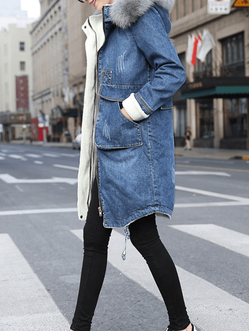 Casual Women Faux Fur Collar Double Pocket Thick Denim Coat