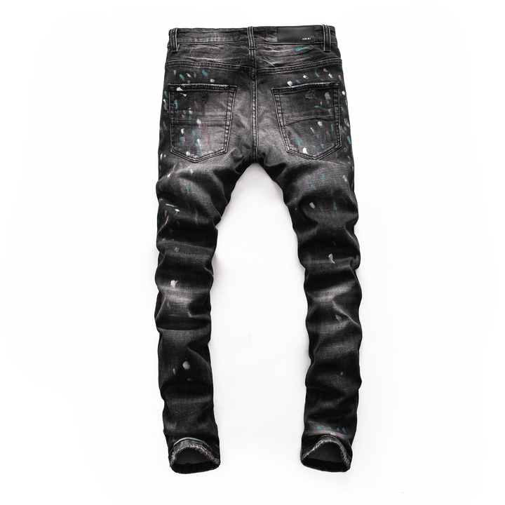 Men'S Ripped Patch Jeans Youth Slim Pants Biker Pants Inkjet Personality