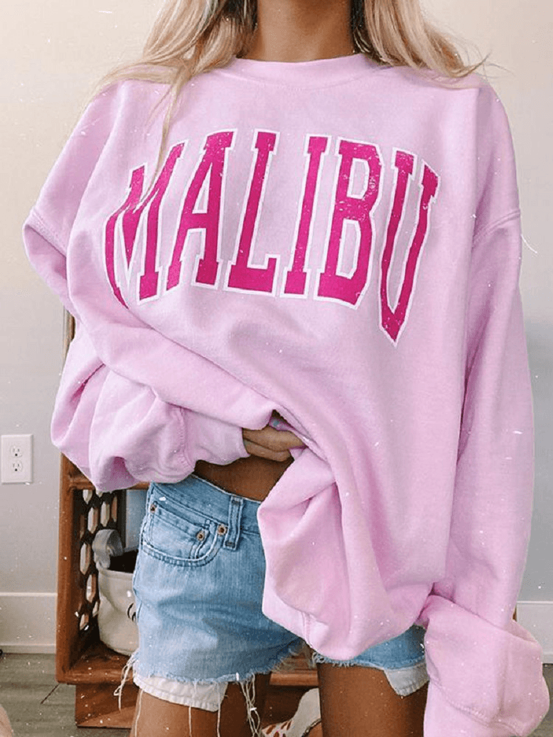 Women Letter Print Pink Pullover round Neck Sweatshirts