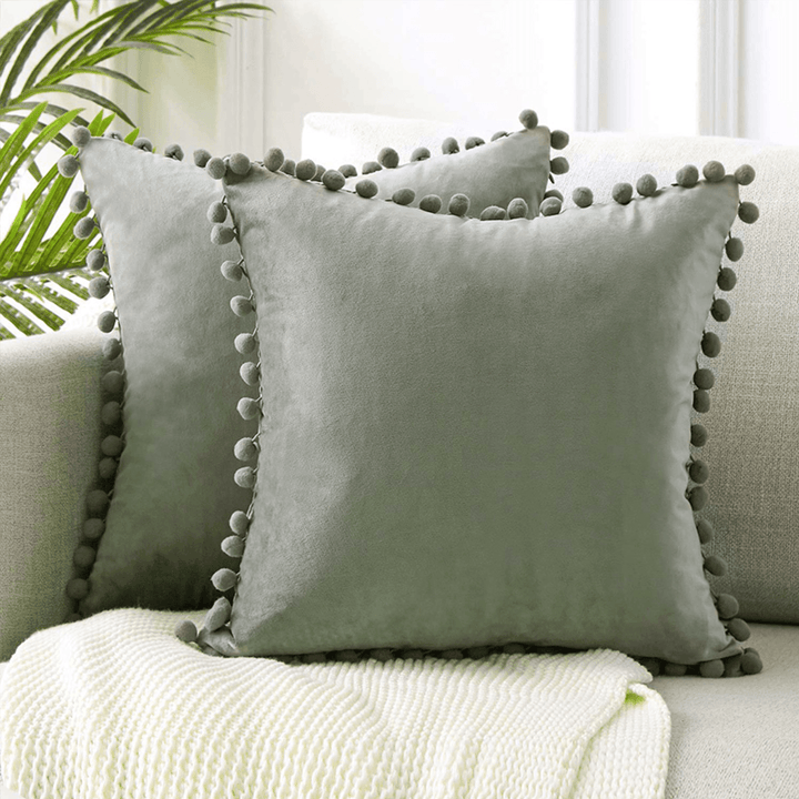 45*45Cm Soft Velvet Pillow Covers Cute Pom Poms Throw Pillow Covers Square Cushion Case for Sofa Couch Home Decor - MRSLM