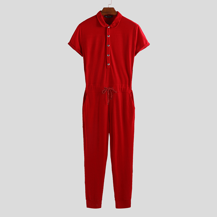 Men Short Sleeve Jumpsuit Lapel Neck Romper Bodybuilding Overalls Pants Playsuit