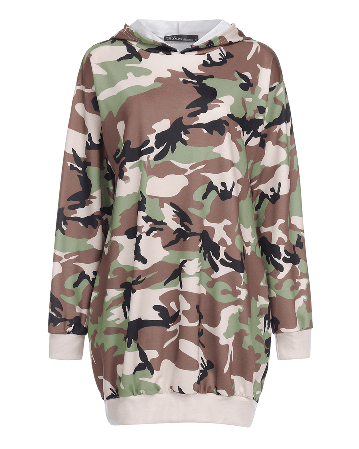 Long Sleeve Hooded Loose Pocket Pullover Camouflage Print Hoodie Dress - MRSLM