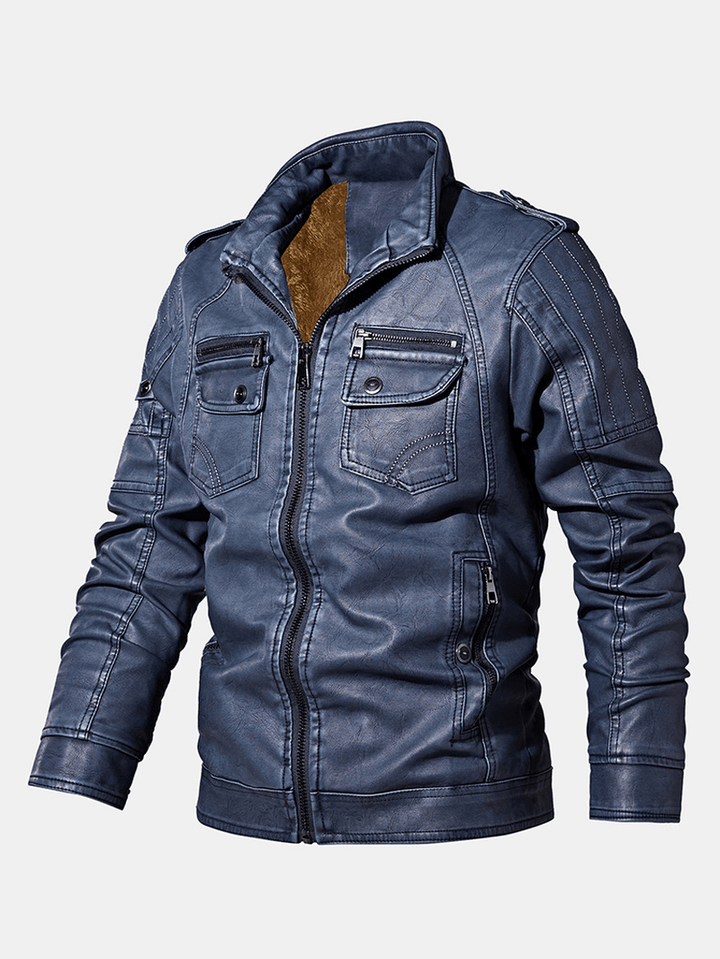 Mens Washed Vintage Multi-Pocket Zipper Lapel Winter Thicken PU Leather Jacket