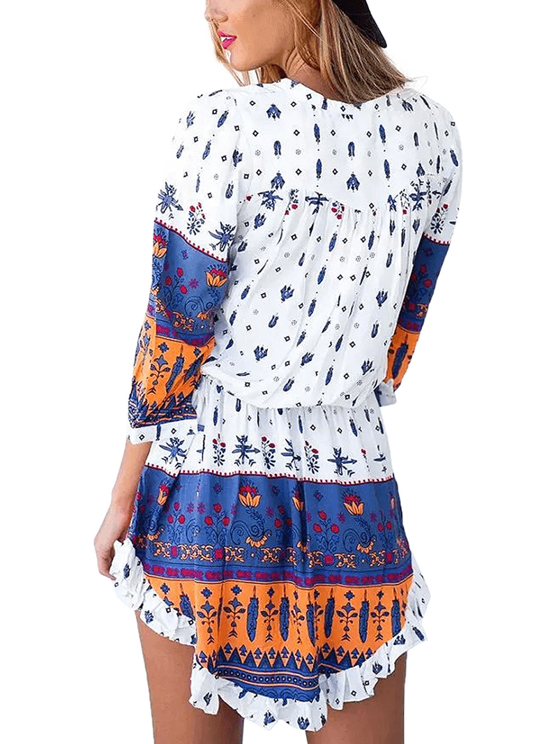 Printed Floral Drawstring Scoop Neck 3/4 Sleeve Dress for Women