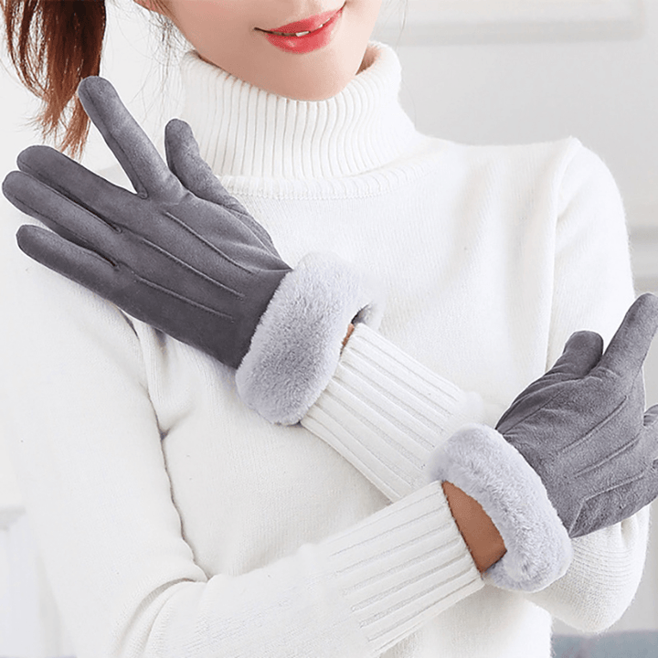 Women Warm Thick plus Velvet Lined Suede Windproof Gloves