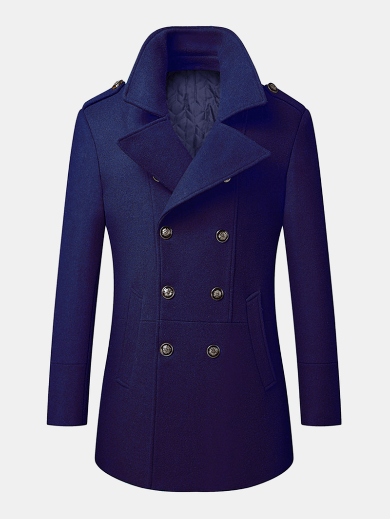 Mens British Style Double Breasted Woolen Lapel Regular Fit Thick Coat