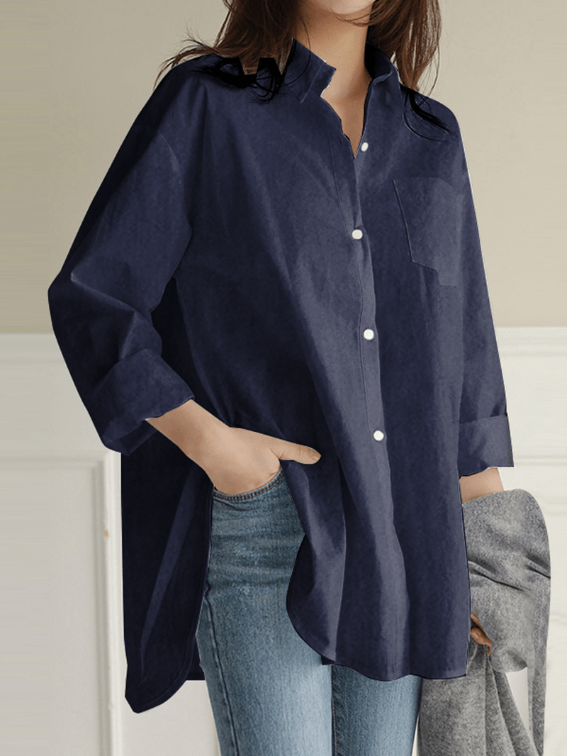 Women's Solid Color Denim Shirt with Irregular Hem and Chest Pocket