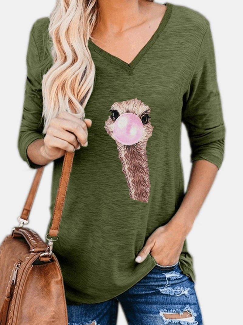 Women Cute Ostrich Animal Print V-Neck Long Sleeve Casual Blouses - MRSLM