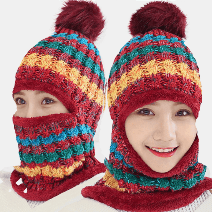 Women Wool One-Piece plus Velvet Thicken Warm Windproof Neck Face Protection Riding Knitted Hat Baseball Hat - MRSLM