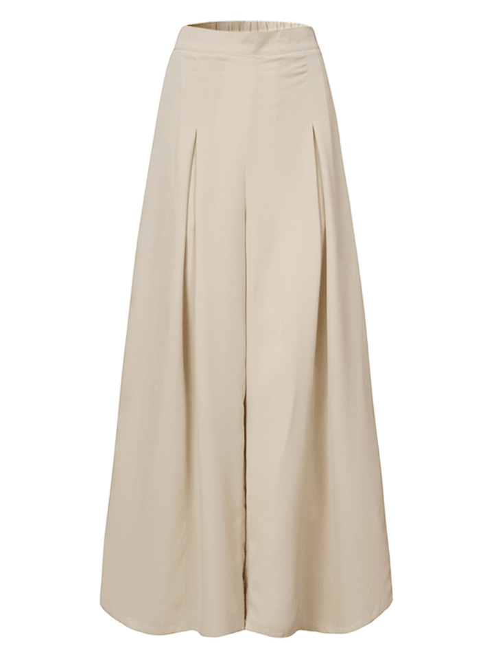 Women's Loose Fit Wide Leg Pants - Solid Color with Pleats, Pockets and Elastic Waist