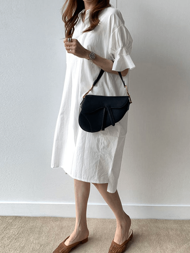 Casual Plain Lapel Button Half Sleeve Side Pocket Shirt Dress