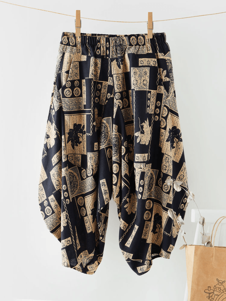 Ethnic Print Pocket Asymmetrical Elastic Waist Loose Casual Cropped Pants