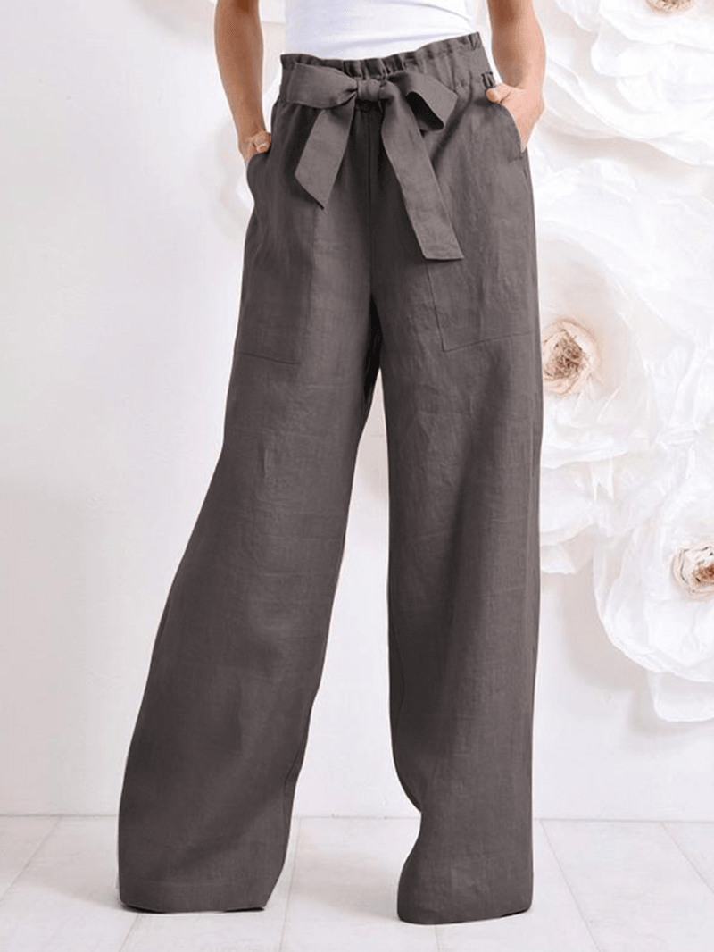 Women Cotton High Drawstring Elastic Waist Loose Solid Wide Leg Pants