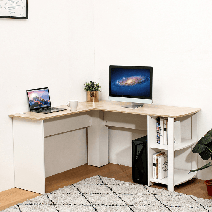 L Shape Computer Laptop Desk Conner Table 2 Tiers Shelf Bookshelf 53"L 28"H Wood for Home Office Study Working