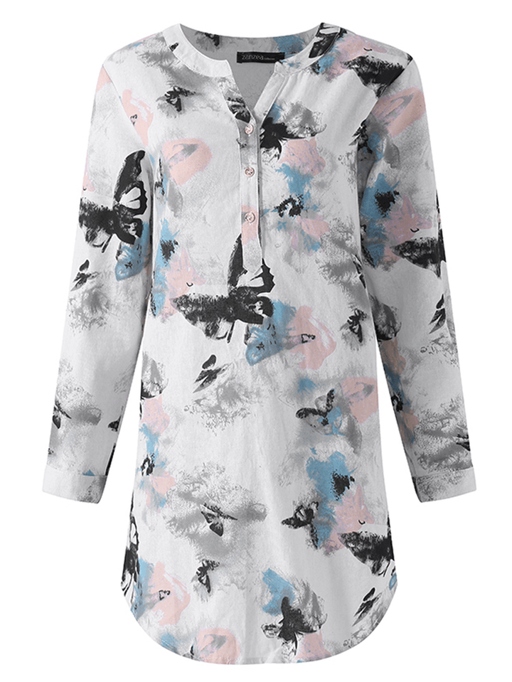 Ink Printed V Neck Buttons Long Sleeve Shirt Dress