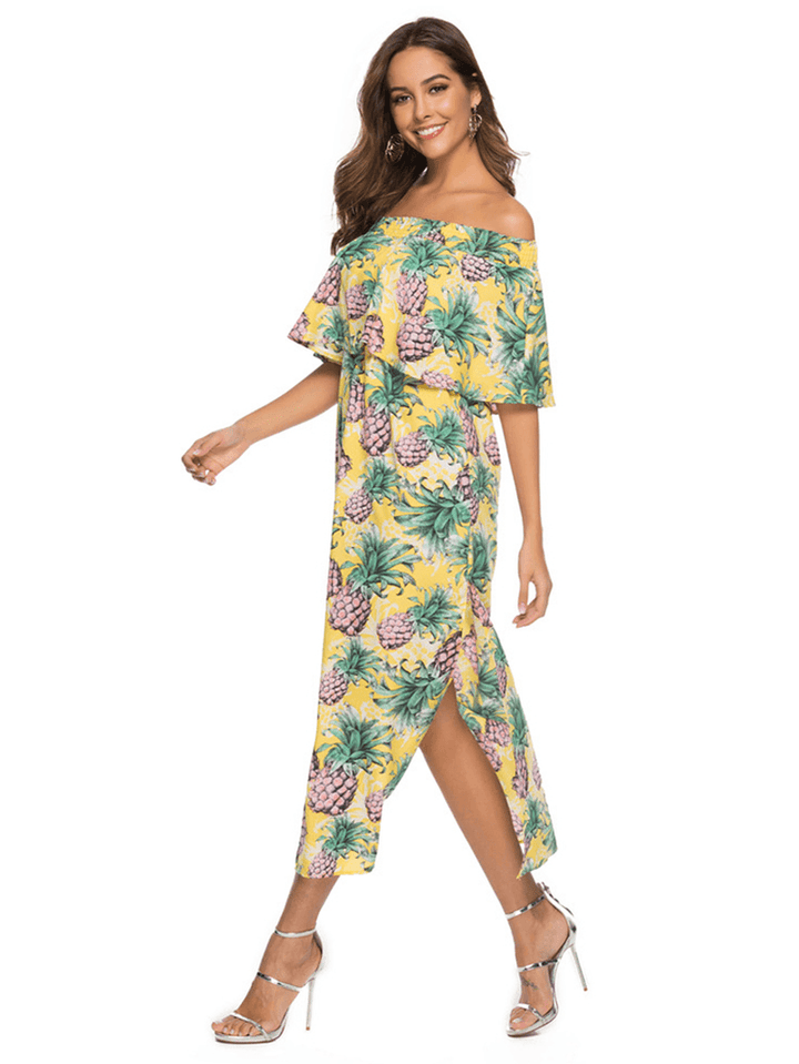 Women off Shoulder Floral Print Split Causal Midi Dress