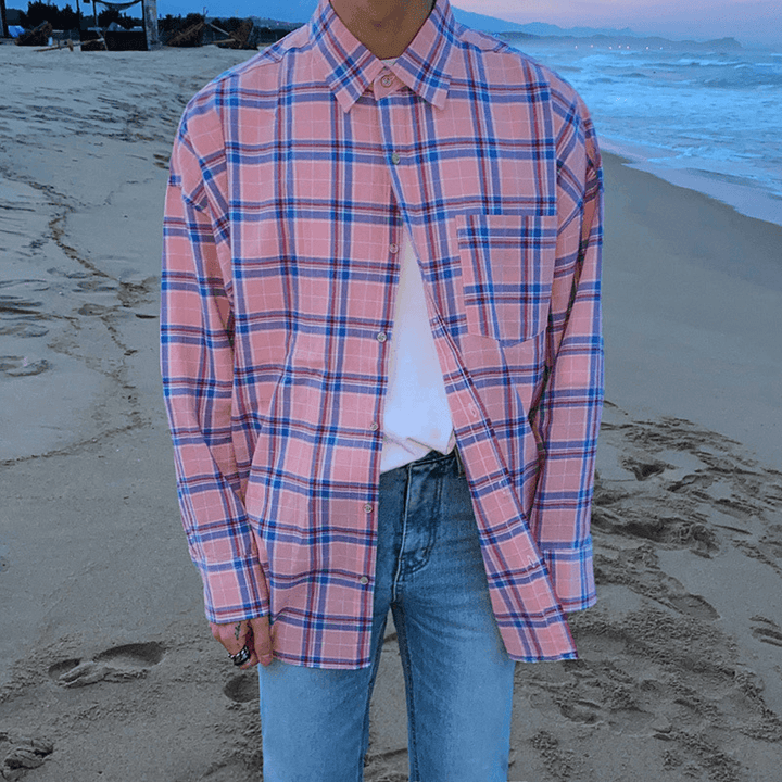 Retro Plaid Shirt Pink Small BF Style Couple Shirt