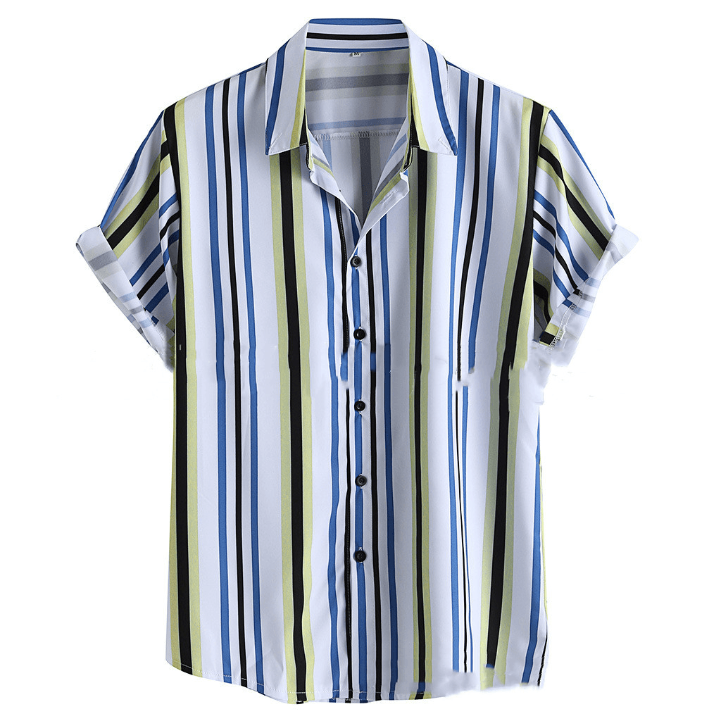 Men'S Lapel Print Striped Short Sleeve Shirt