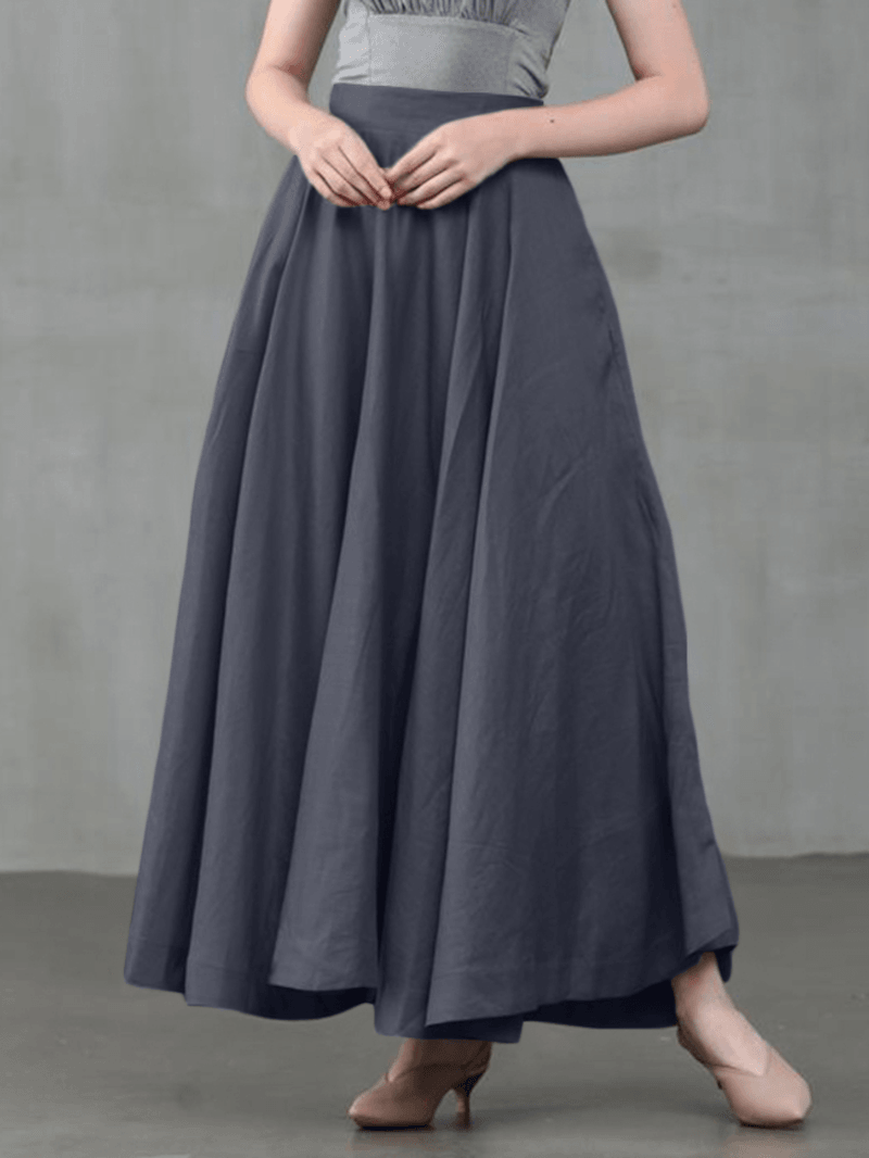 Women Solid Color Back Zip Pleated Casual Swing Skirts with Pocket