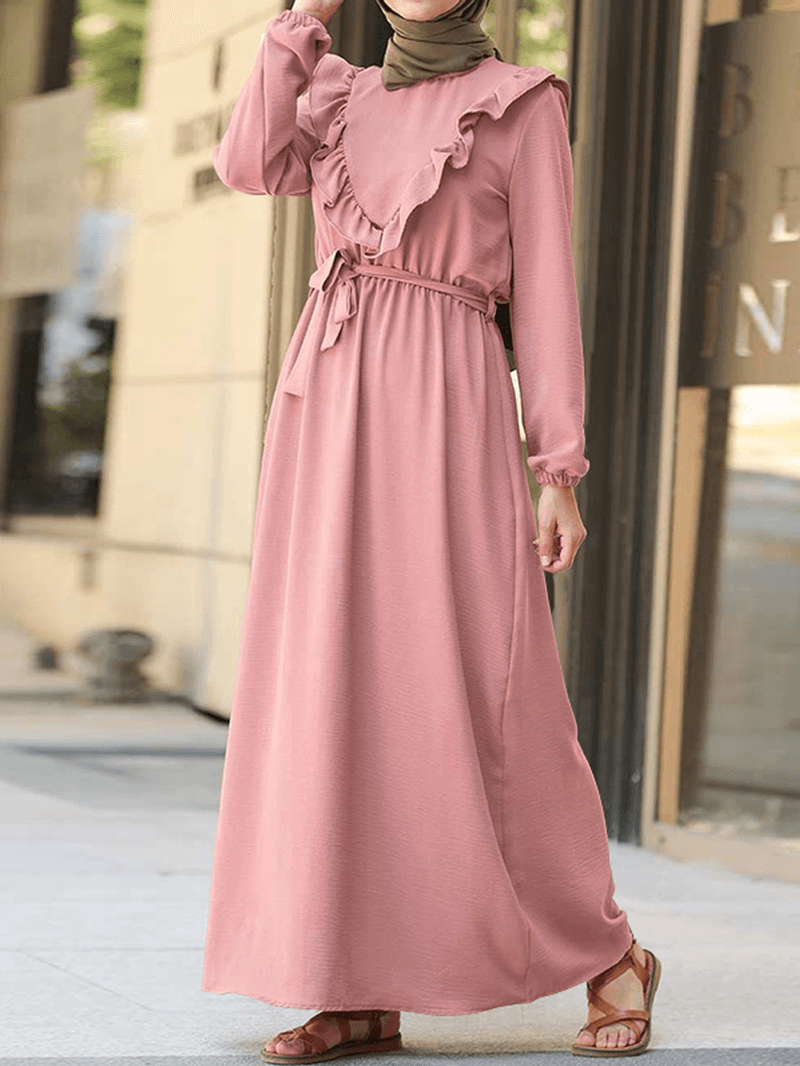 Women Ruffle Trims Lace-Up Solid Color O-Neck Casual Long Sleeve Maxi Dress - MRSLM