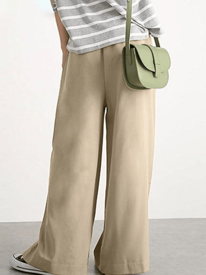 Women Casual Solid Color Elastic Waist Wide Leg Pants with Pocket