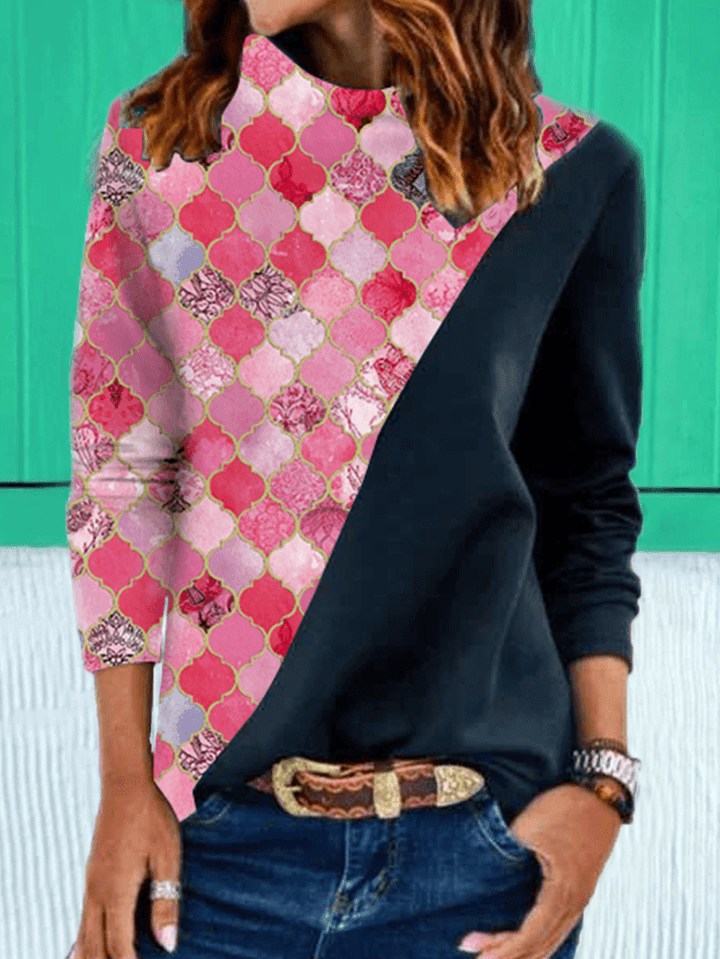 Women Geometry Graphic Patchwork Ethnic Style Heaps Collar Sweatshirts