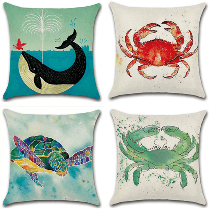 Sea Turtle Crab Whale Cotton Linen Cushion Cover Cartoon Color Water Printed Square Pillow Case