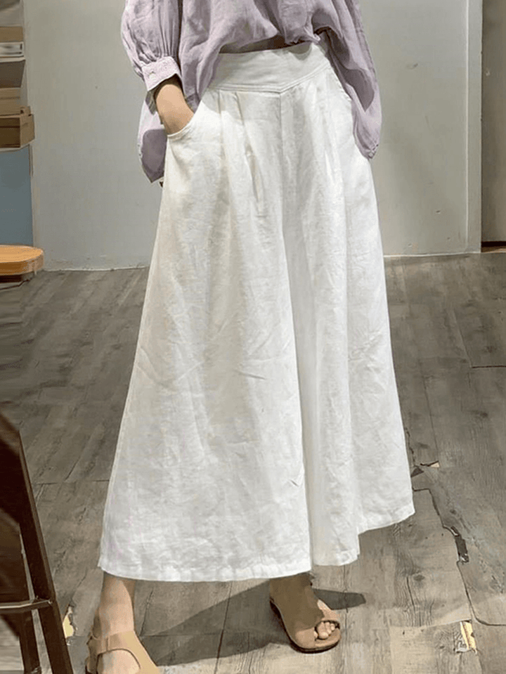 Women Cotton Elastic Waist Wide Leg Pants Casual Culottes with Pocket