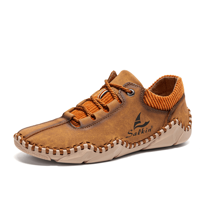 Men Microfiber Leather Splicing Breathable Hand Stitching Soft Crocodile Grain Sole Casual Shoes