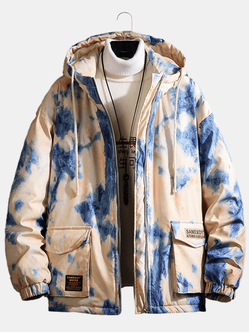 Mens Tie-Dye Double Flap Pockets Zipper Thick Loose Hooded Jacket