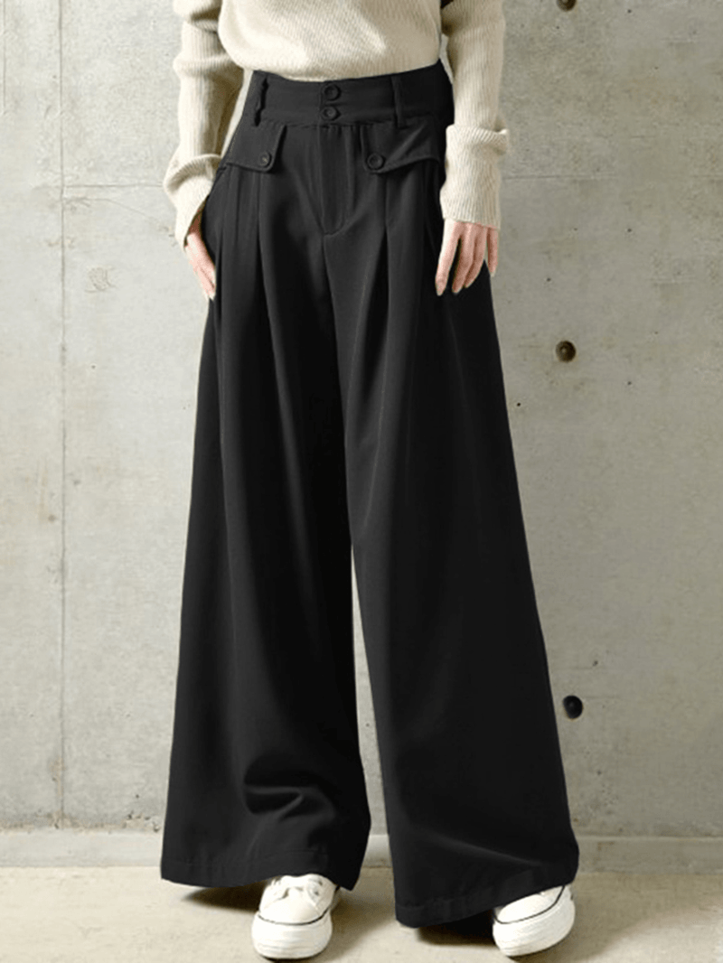 Women Solid Color Button Casual Loose Wide Leg Pants with Pocket - MRSLM