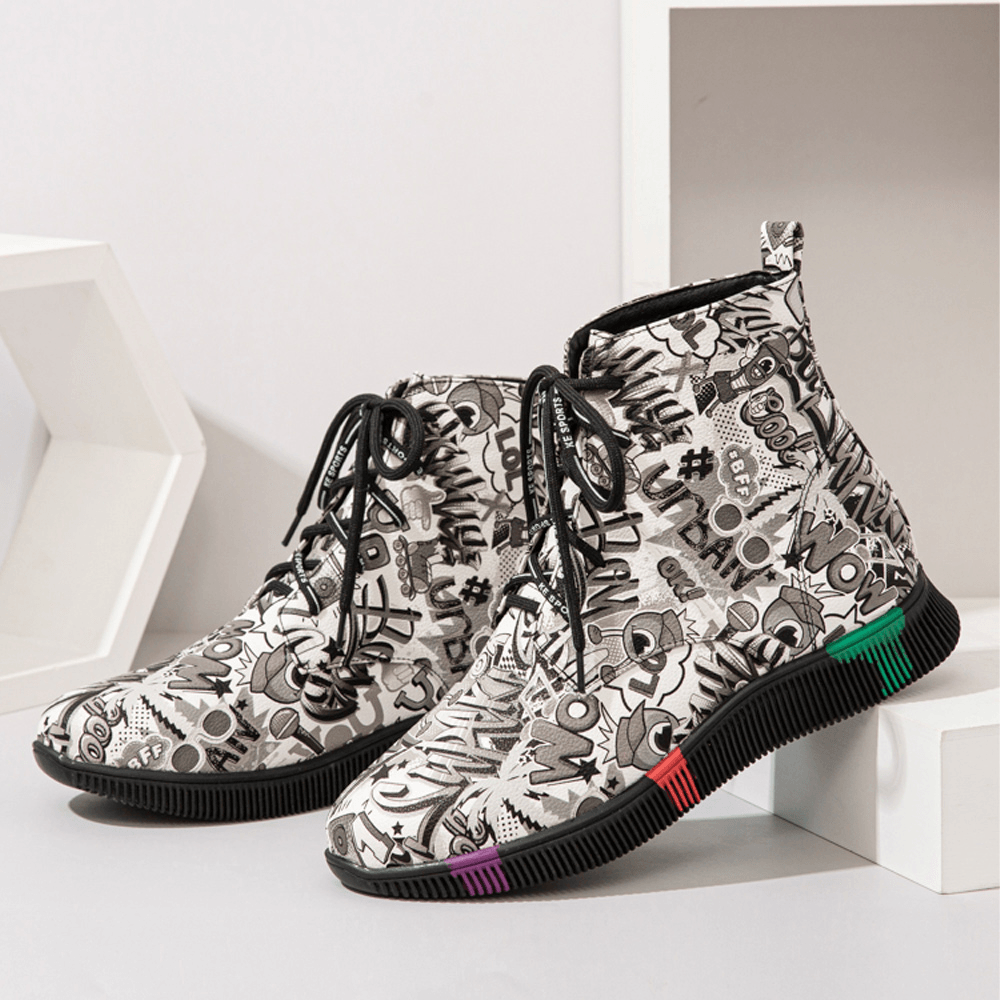 Women Casual Letter Graffiti Printing Multicolor Lace up Short Combat Boots