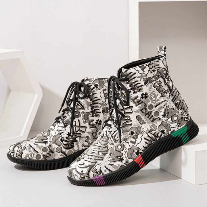 Women Casual Letter Graffiti Printing Multicolor Lace up Short Combat Boots